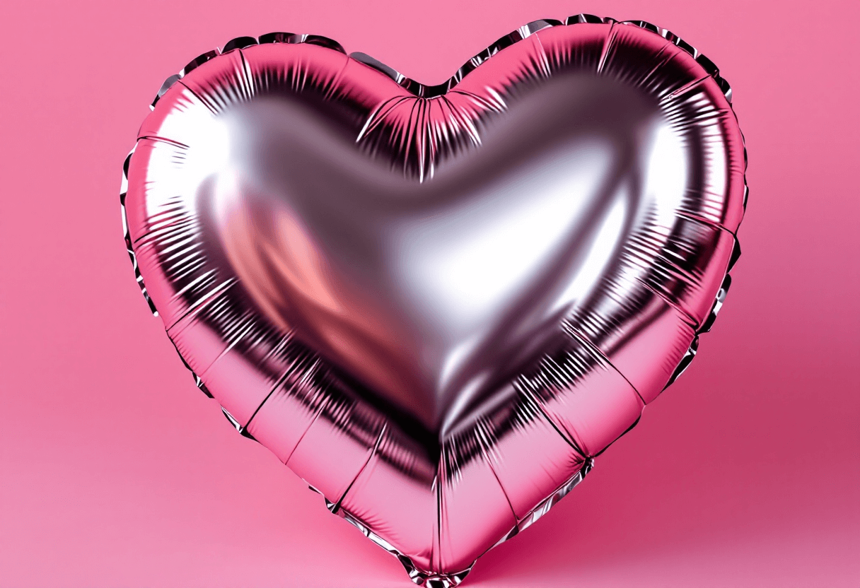 gros plan ballon mylar en forme de cœur avec surface métallisée imprimée